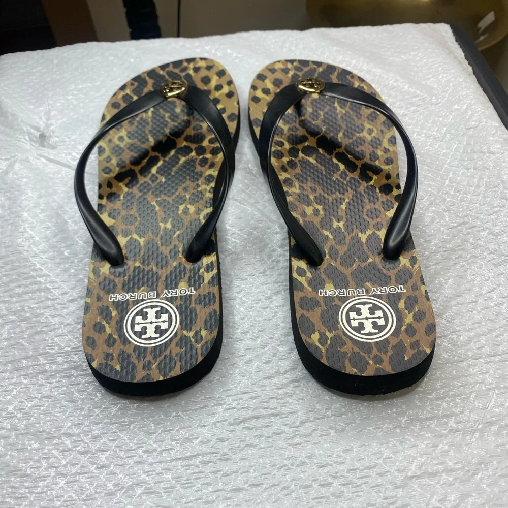 Tory Burch Leopard-Print Flip Flops with Black Straps and Gold Logo